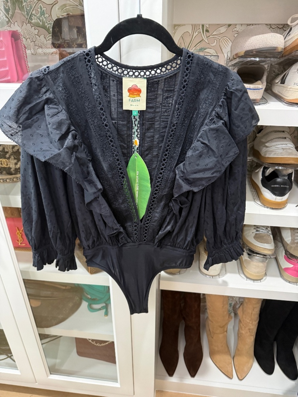 BNWT FARM Rio Swiss Dot Ruffle Lace Bodysuit In Black